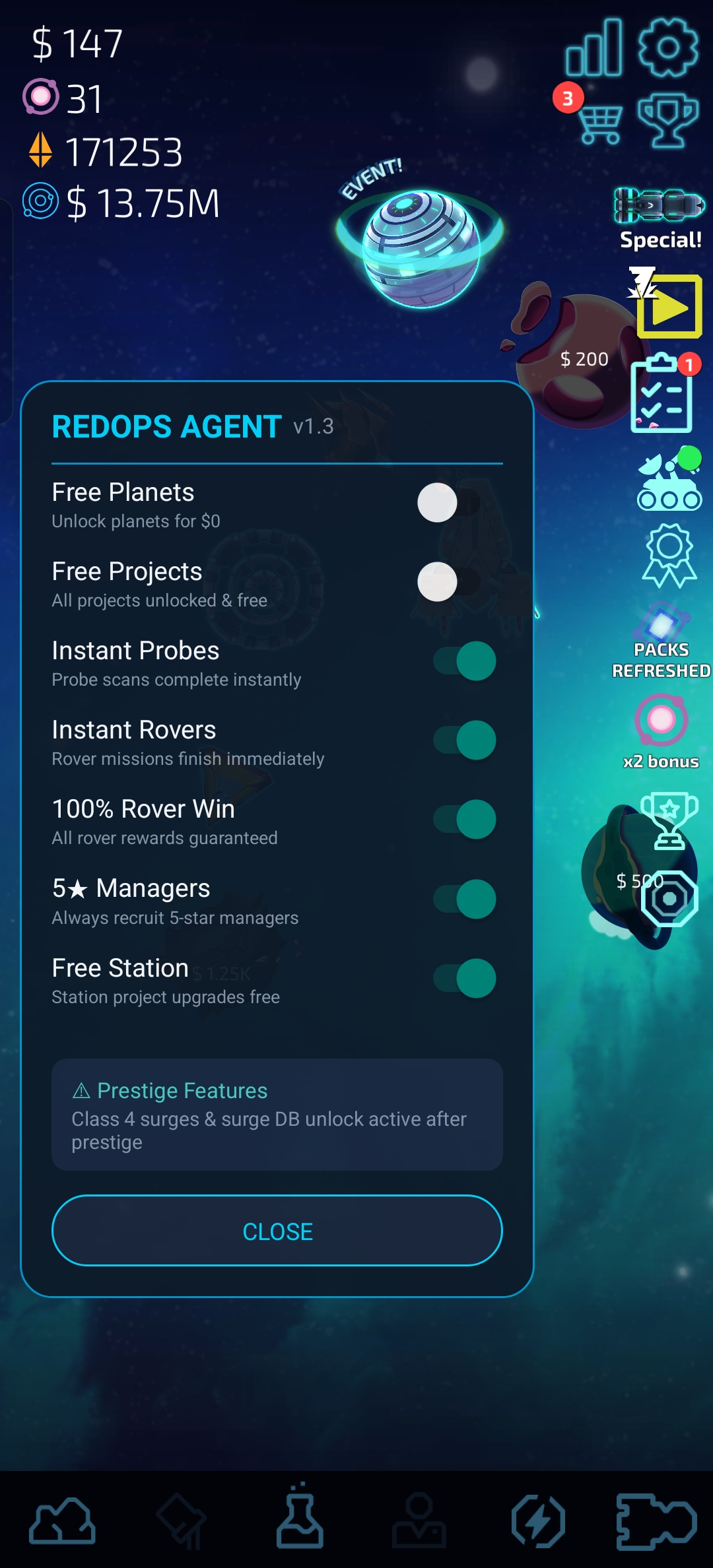 In-game cheat menu overlay on Idle Planet Miner