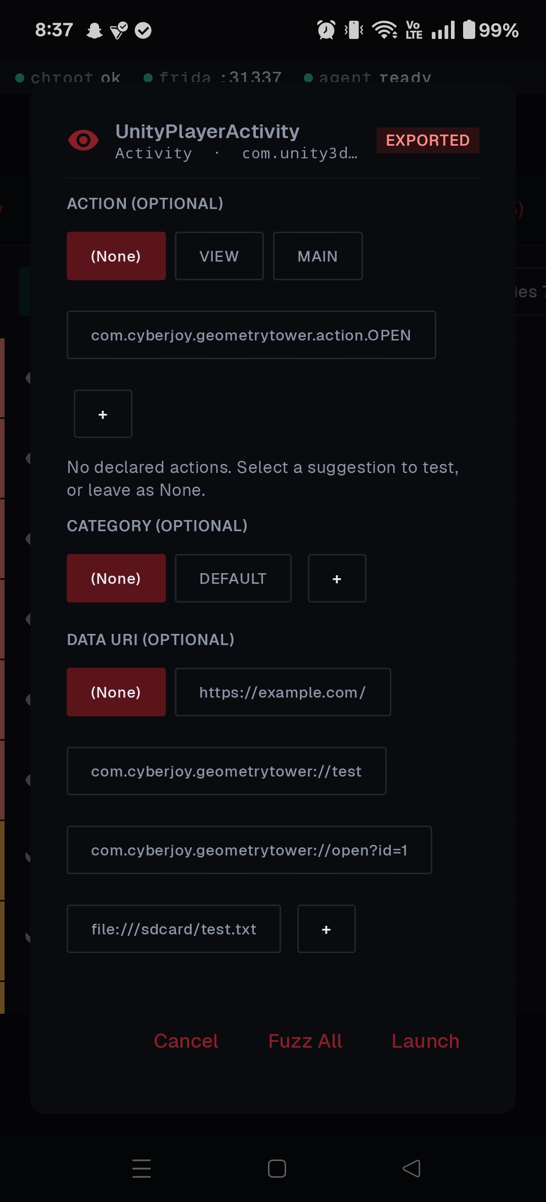 Component test dialog