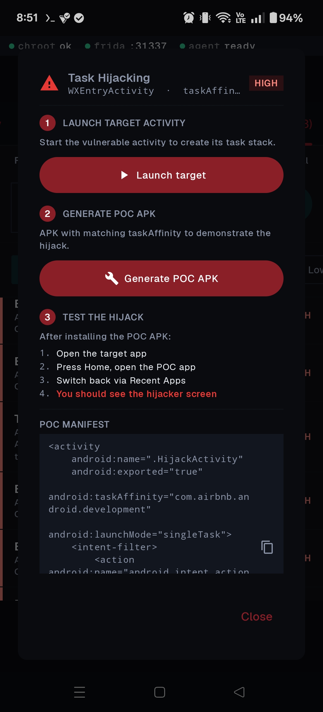 Task hijacking test dialog